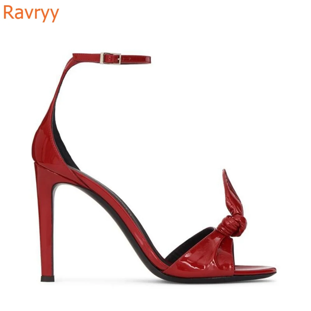 Butterfly Knot Red Heel Sandals Stiletto Heel Cover Heel Patent Leather Ankle Strap Shoes One Word Belt Open Toe Heel Sandals