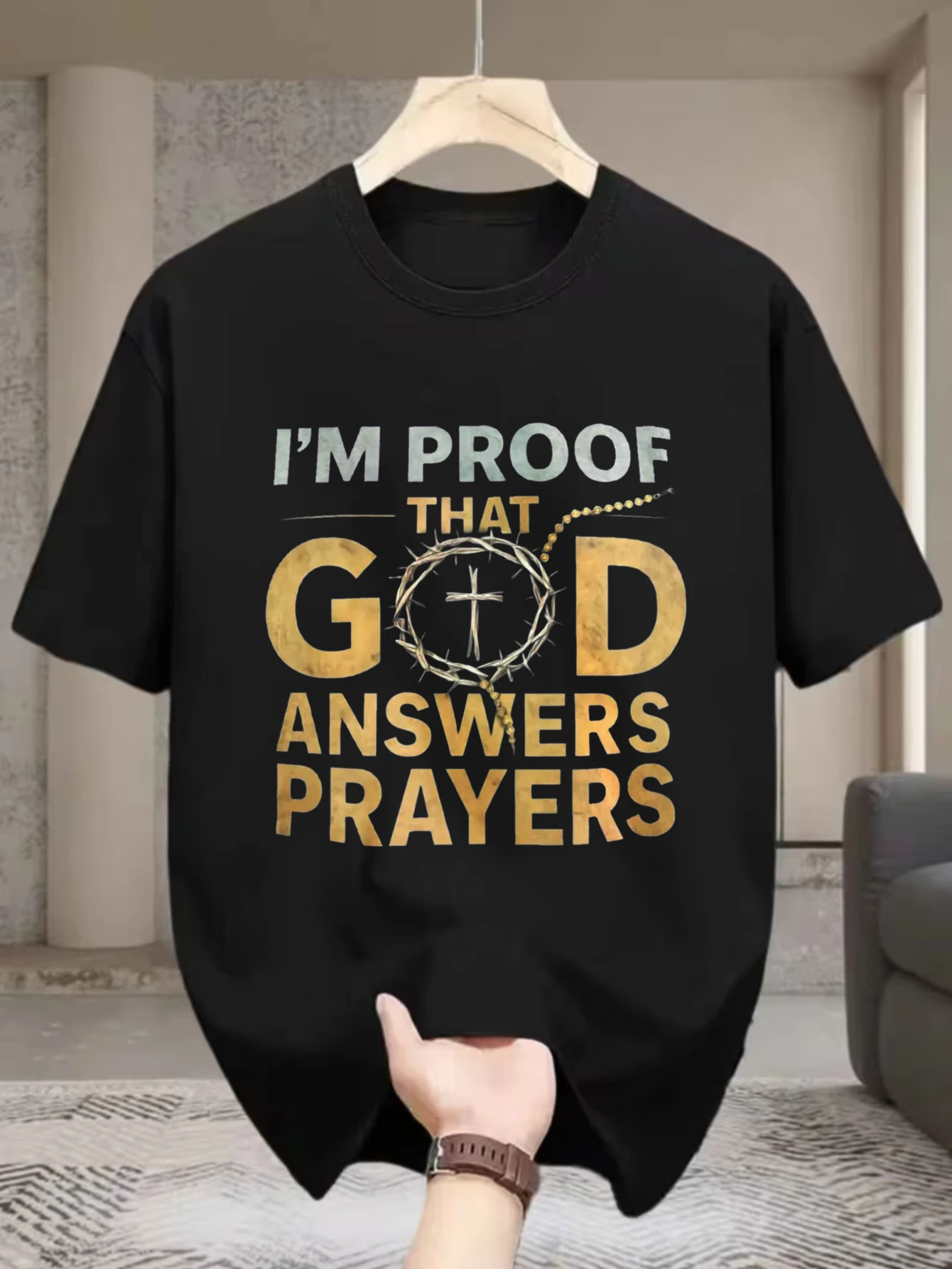 T-shirt décontracté pour hommes, motif « I'M PROOF THAT GOD ANSWERS PRAYERS » avec croix et couronne d'épines, à porter au quotidien, cadeau religieux pour les chrétiens fidèles