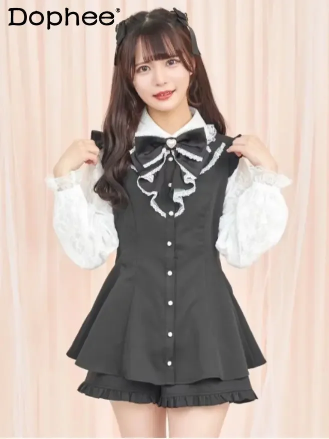 

Lolita Style Long Sleeve Lace Stitching Sweet Bow Long Sleeve Shirt Dress Women Suit Japanese Pink Shirt Shorts Two-Piece Sets