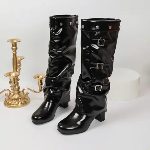 Folded Layers of Long Boots for Knights, Women's Pointed-leg Pants, Leather Belt Buckle