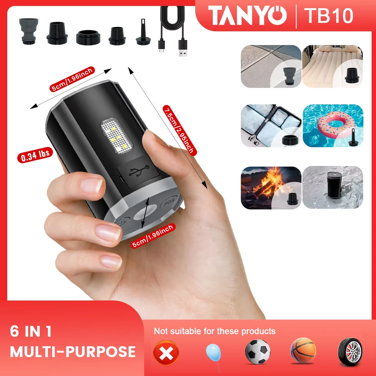 Portable Air Pump for Inflatables，Mini Air Pump with 3200mAh Battery & Camping Light - Rechargeable Electric Pump 2025 New