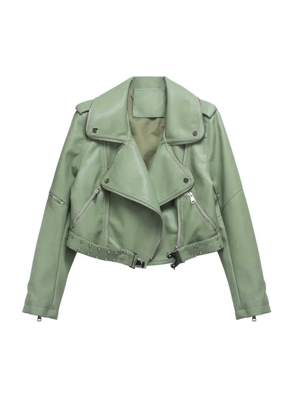 Streetwear Women Loose Rivet Faux Leather Short Jacket Spring Autumn Female Moto Biker Zipper Belt Coat Outerwear