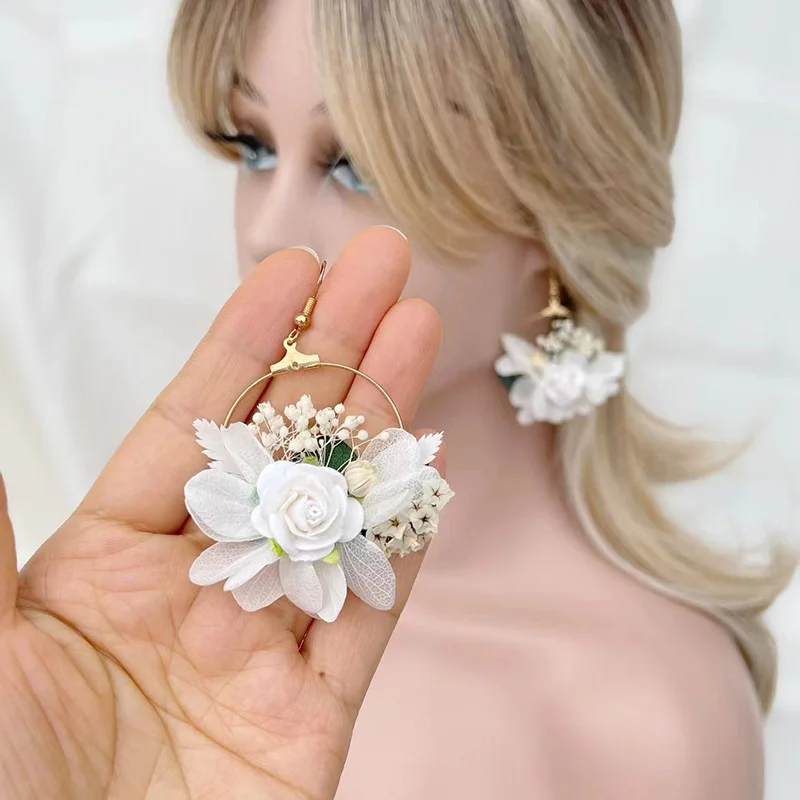 Pendientes de flores secas Vintage para novia, accesorios de boda