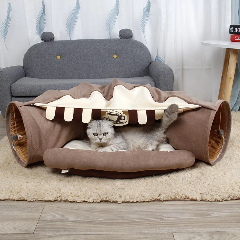 All In One Cat Tunnel Bed House 2026 New Collapsible Pet Hideout With Soft Cushion One Set For All Cat Supplies