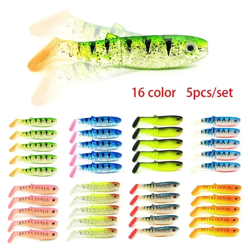 5pcs/lot 8cm 6g Fishing Soft Lures 3D T-tail Wobblers Worm Fishing Silicone Fish Artificial Bait Fishing for Jig Head