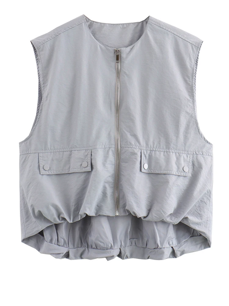 [EAM] Women Yellow Pocket Irregular Big Size Casual Vest New V-collar Sleeveless Fashion Tide Spring Autumn 2024 1DH6702