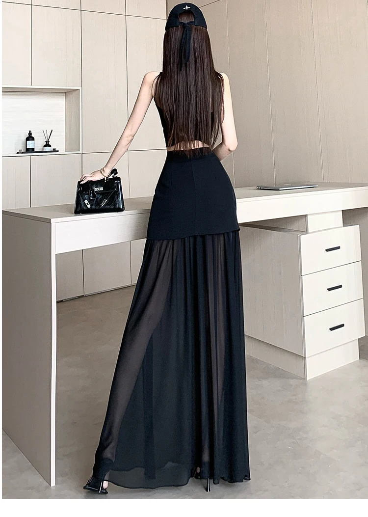 Nowa moda wysokiej klasy szyfonowa patchworkowa czarna płynąca seksowna pół spódnica nisza wysoka talia wyszczuplająca temperament długa spódnica