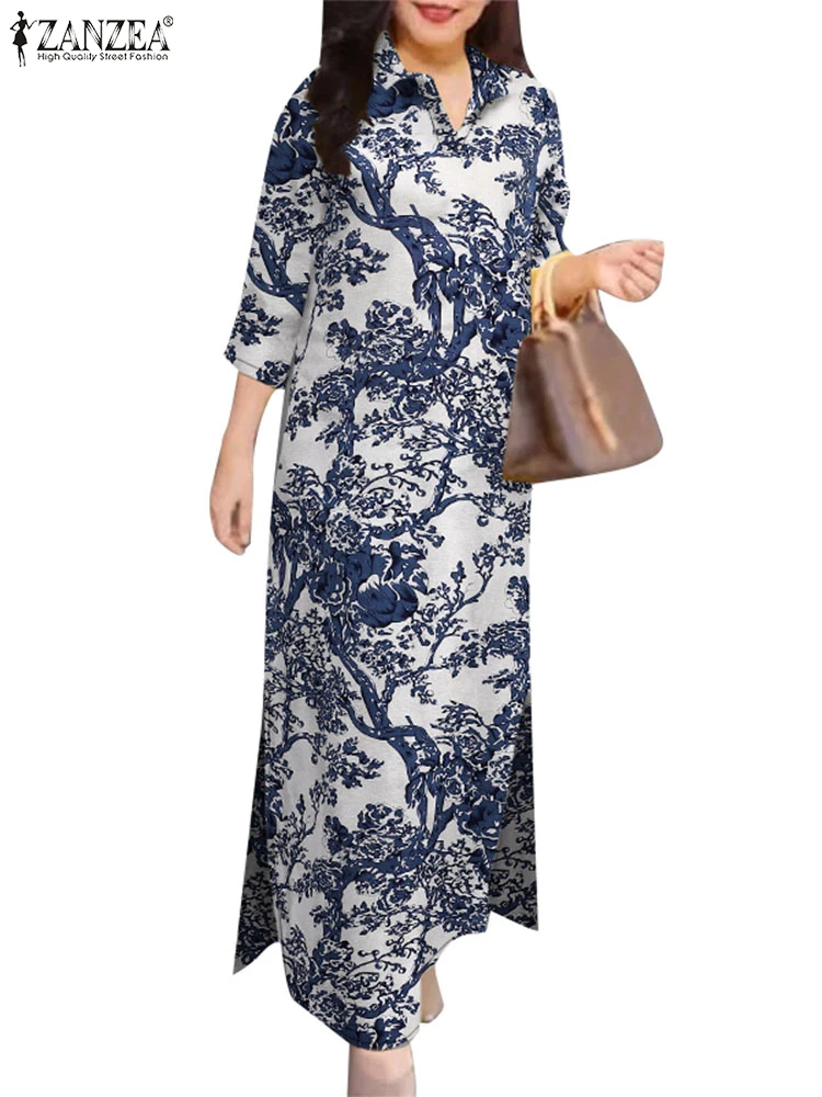 Women Autumn Sundress ZANZEA Vintage Lapel Neck 3/4 Sleeve Floral Printed Dress Fashion OL Work Vestido Elegant Party Dresses