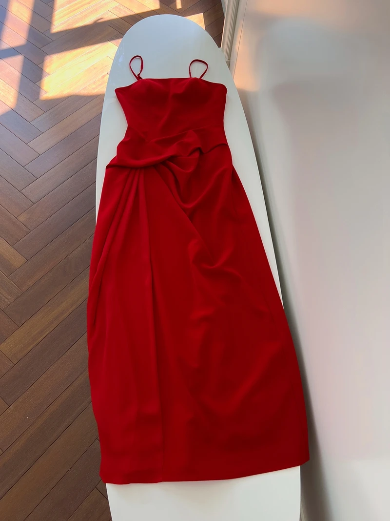 

Красное асимметричное свадебное платье с ремешком на талии, простое платье миди для помолвки и тостов, осенняя одежда