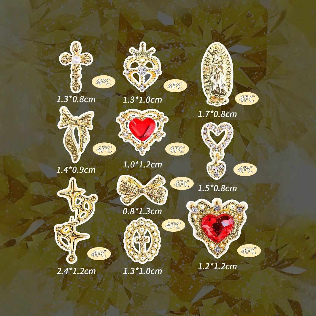 40PCS Heart Nail Charms 3D Red Nail Charms 10 Styles San Judas Cross Star Gold Nail Gems Alloy Love Crystals Nail Rhinestones