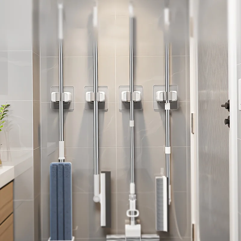 4-Pack Wall-Mounted Mop and Broom Holder, Modern Style Plastic Storage Clip, No Drilling Required, Self-Adhesive Broom and Mop Rack, Household Plastic Tool Storage Rack - view 3