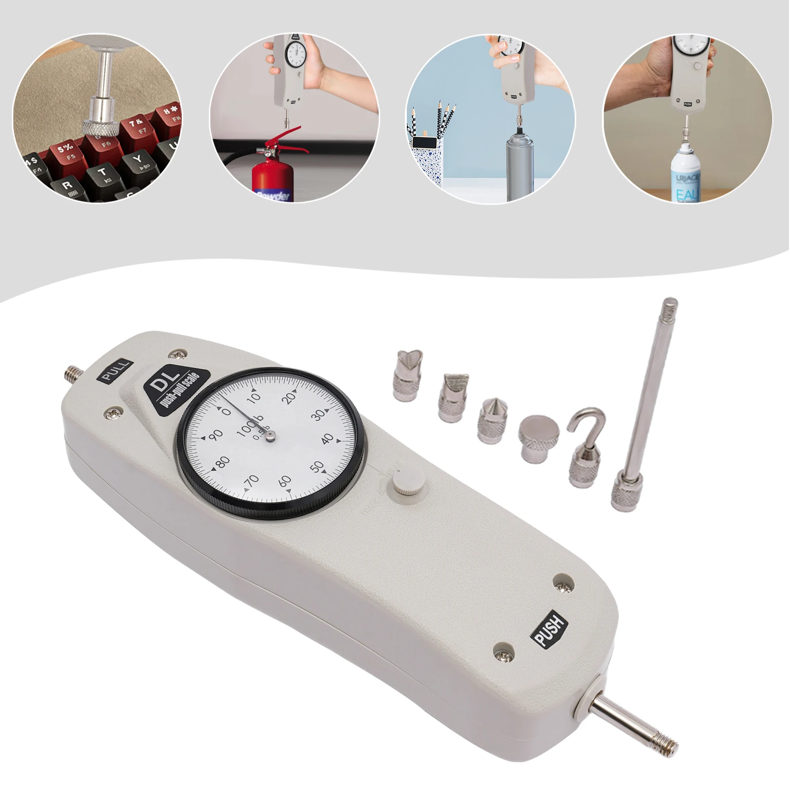 45 kg/100 lbs push-pull krachtmeter krachttester krachtmeter met 2 * modi en 5 * testonderdelen