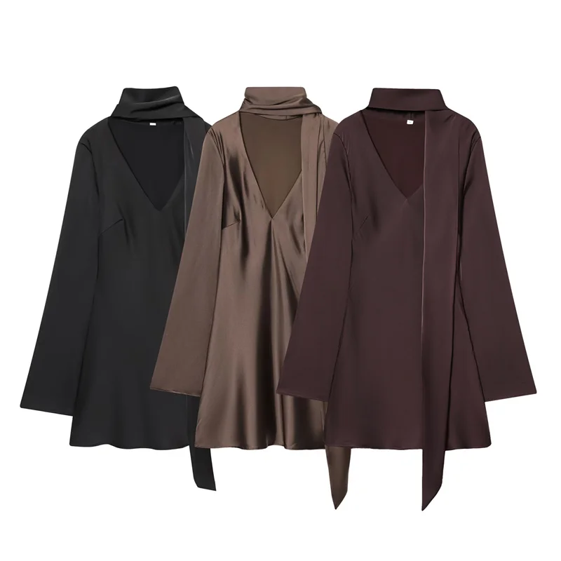 Vestido feminino 2025 outono novo estilo cor sólida manga longa cetim textura mini vestido com cachecol decoração elegante e moda
