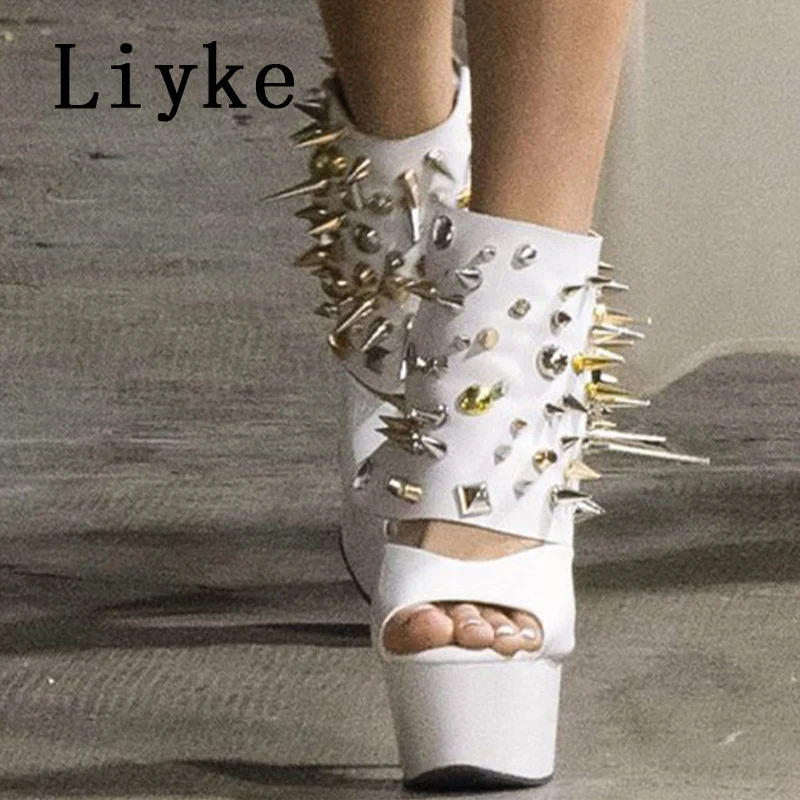 Liyke Fashion Chic Snap Button Women Platform Boots Sexy Metal Rivet Peep Toe Super Thin High Heels Stripper Pole Dance Shoes