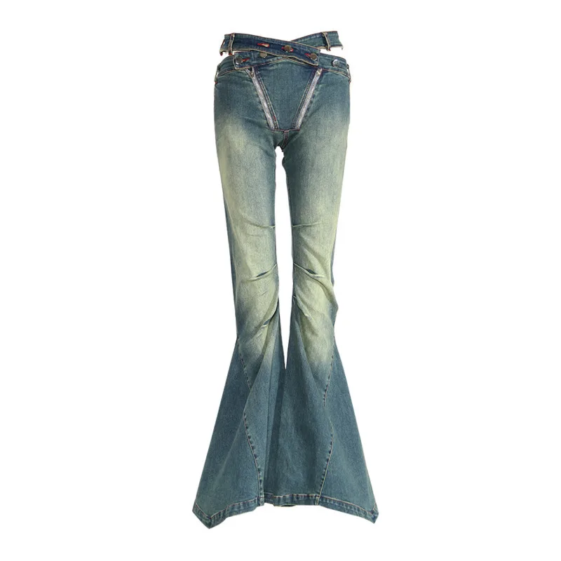 ANJY Herfst Nieuwe Vrouwen Chic Flared Jeans Slim Fit Hollow Out Geplooide Hoge Taille Streetwear Trendy Verontruste Denim Broek A10069