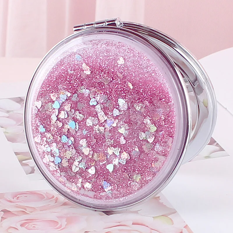 

L260 Portable Double-Sided Folding Cosmetic Mirror Female Gifts With Flowing Sparkling Sand Mini Makeup Mirror Compact