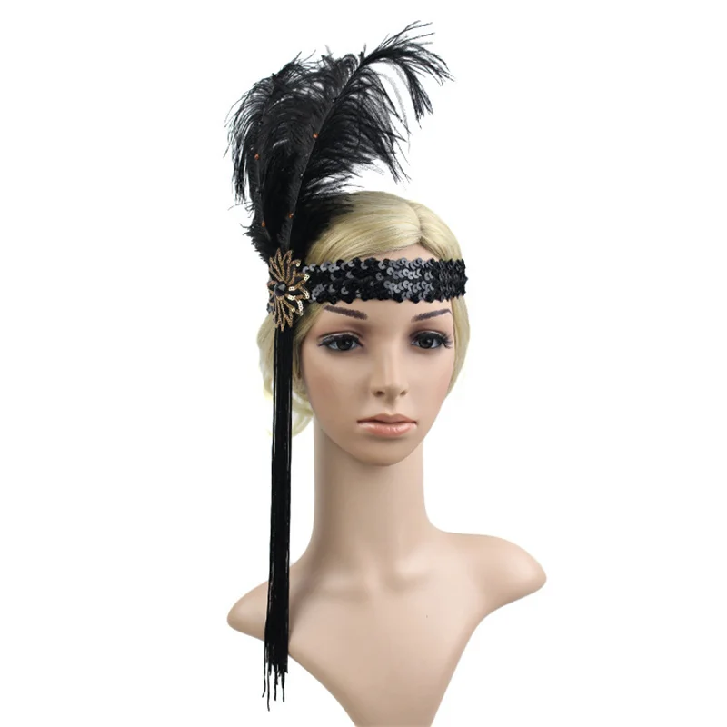 1920s Feather Headband Charleston Costume Great Gatsby Flapper Black Headpiece Elegant Beaded Headband with Tassel