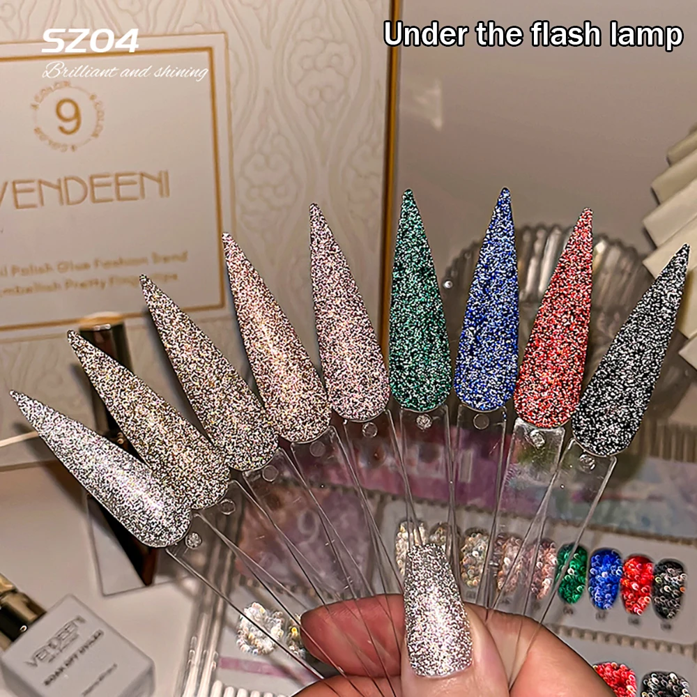 Vendeeni 9 Farben/Set Glitzer-Broken-Diamond-Gel-Nagellack UV LED Soak-Off Gel-Lack Grün Lila Rot Flash Gel mit Display – Detail 19