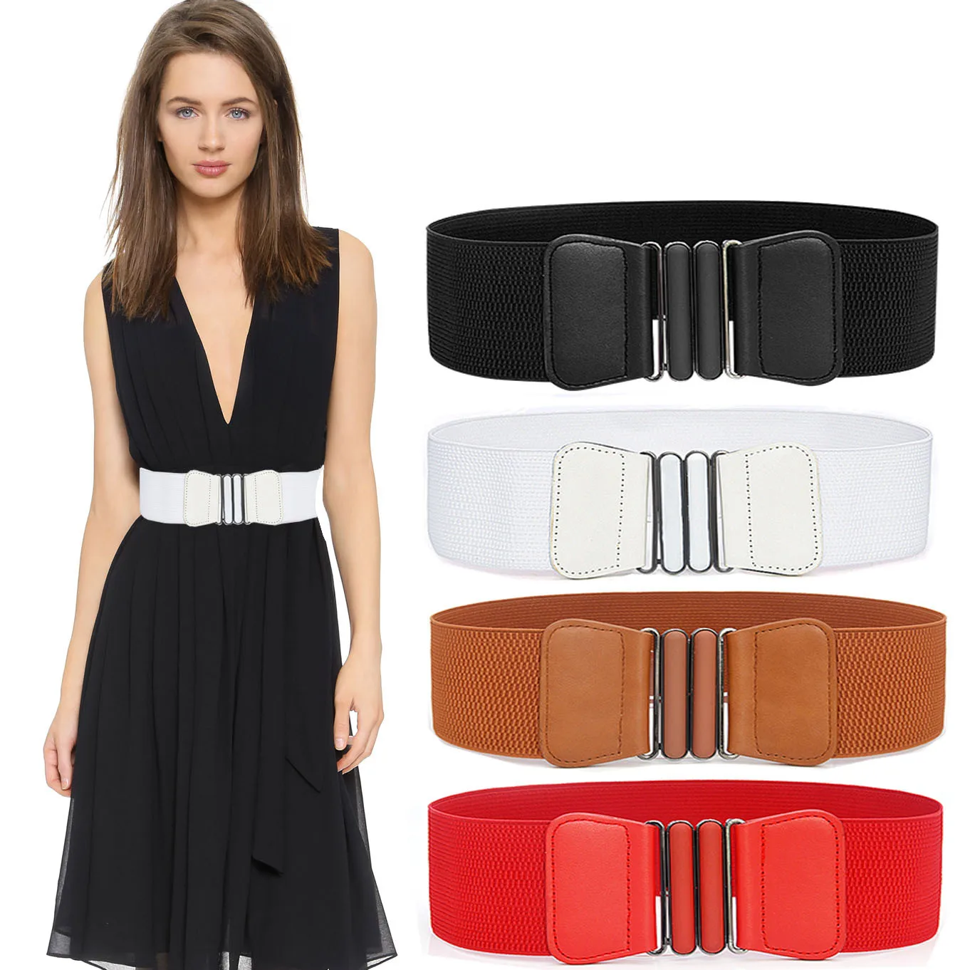 

SISHION 50s Vintage Fashion Elastic Cummerbund Corset Belt Black White Red Brown Wide Belts for Women Waistband VD4221