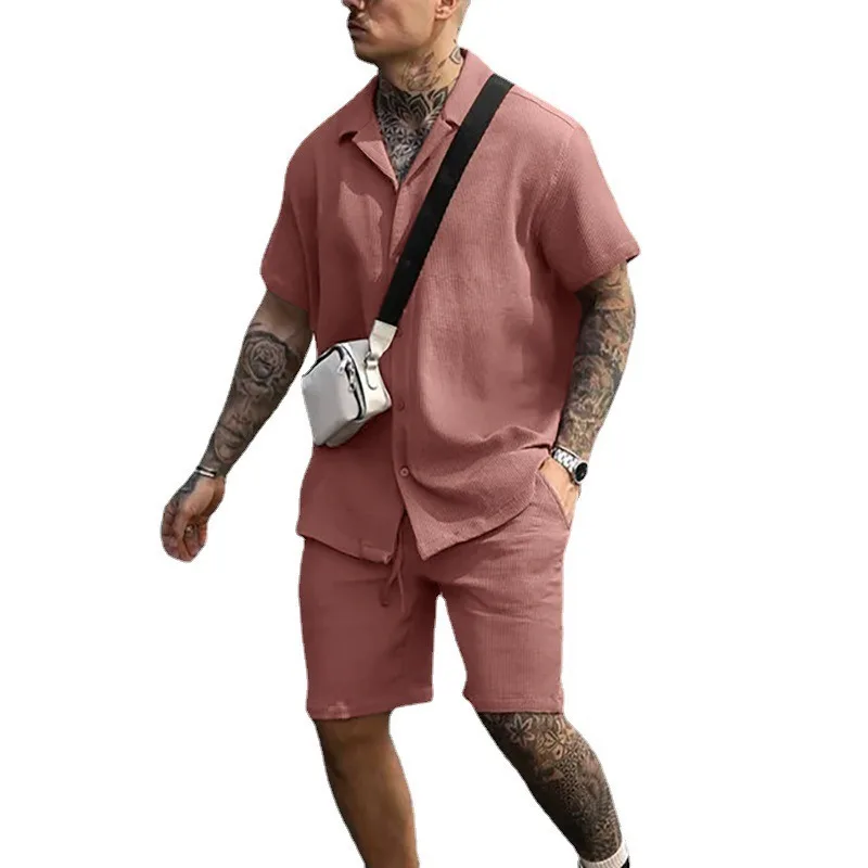 

2024 European and American Men's Summer New Casual and Comfortable Button Up Collar Shirt Short Sleeved Shorts Set