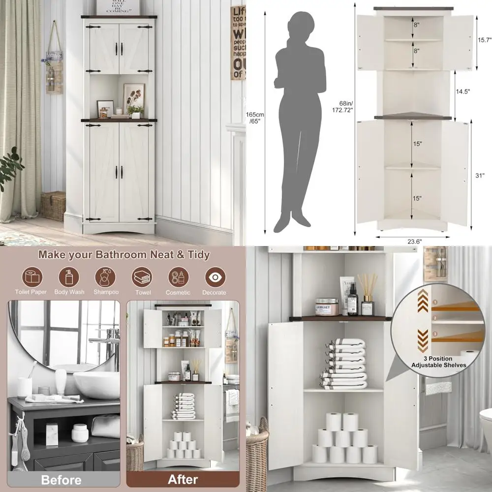 68-inch high corner storage cabinet with five shelves, barn-style doors, and adjustable racks for bathroom organization