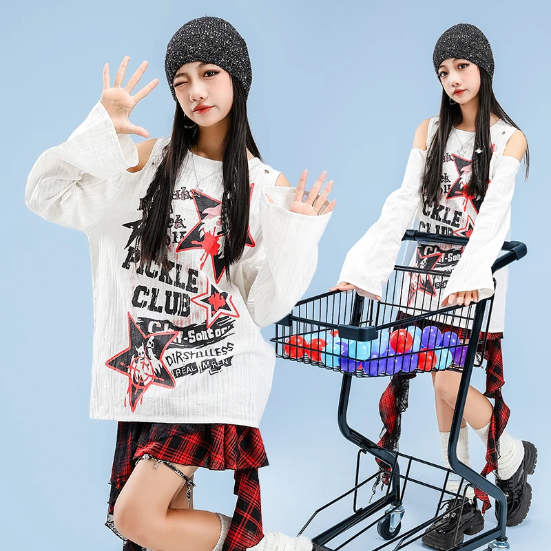 

Укороченный топ с открытыми плечами для девочек в стиле хип-хоп ‌ Юбка-карго с воздушными шарами, детская уличная одежда, групповые костюмы для девочек, детские комплекты одежды K-pop