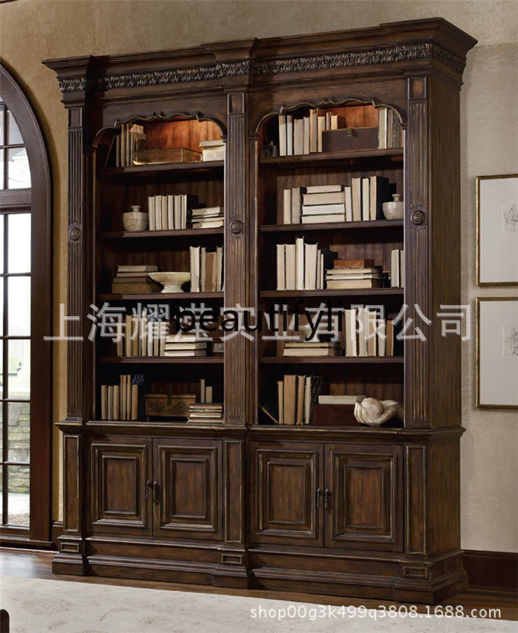 

American Country Style Solid Wood Carved Vintage Distressed Oak Bookcase with Ladder Storage Cabinet