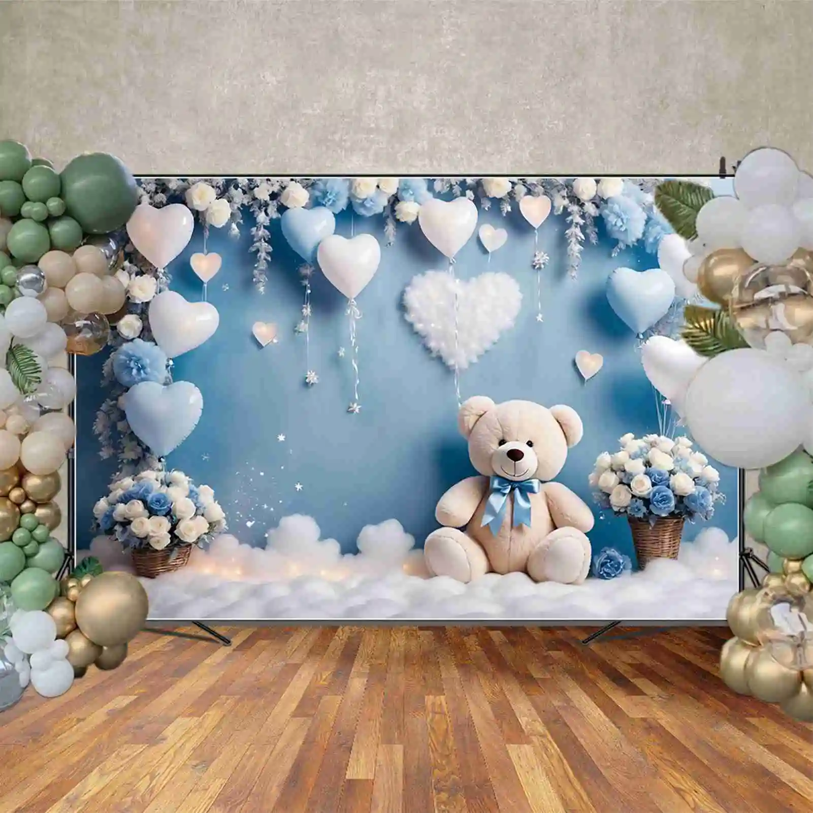 MOON.QG Teddy Bear One Birthday Photocall Backdrop Girls Boys Blue White Balloon Draping Cloth Flower Background 3D Party Props