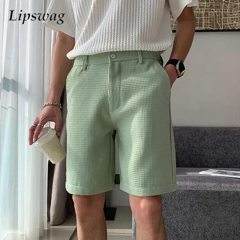 

Модные вафельные клетчатые шорты для мужчин, летние винтажные облегающие шорты с эластичной резинкой на талии, стильные мужские однотонные прямые шорты в Неапольском стиле