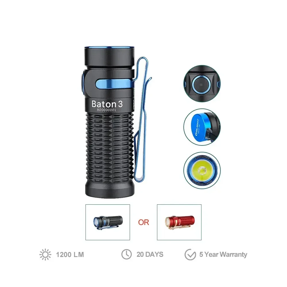 Olight Baton 3 LED Torch Ultra-Compact Rechargeable EDC 1200Lumens Flashlight Wireless Charging Case Built-in battery