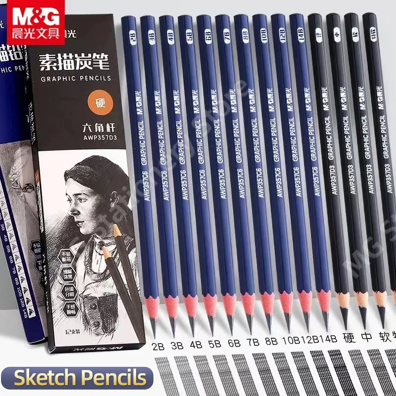 M&G 12Pcs Professional Sketch wooden Pencil Set Graphite Shade Art Hand-Painted Pen School Stationery for Beginners & Pro Artist