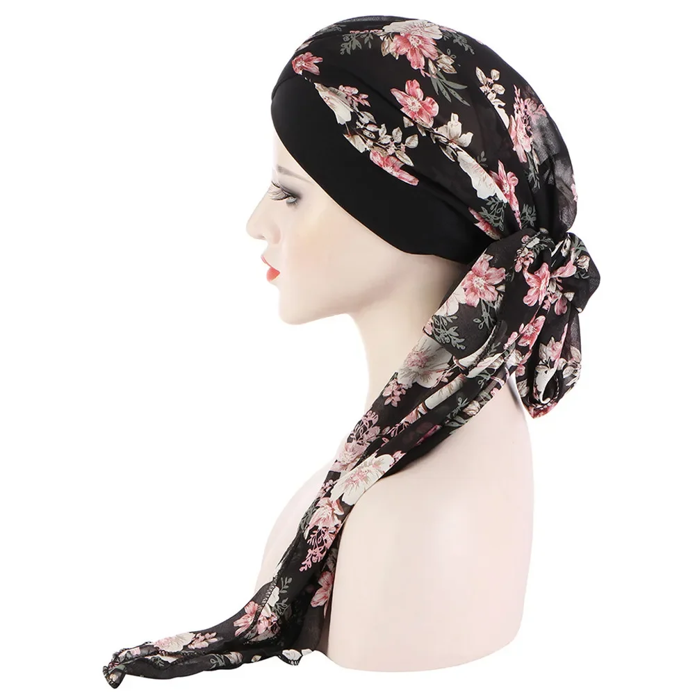 Le Donne musulmane Lungo Chiffon Foulard Scialle Islam Turbante Cap Indiano Stampa Floreale Hijab Beanie Perdita di Capelli Choker Boho Avvolge Moda