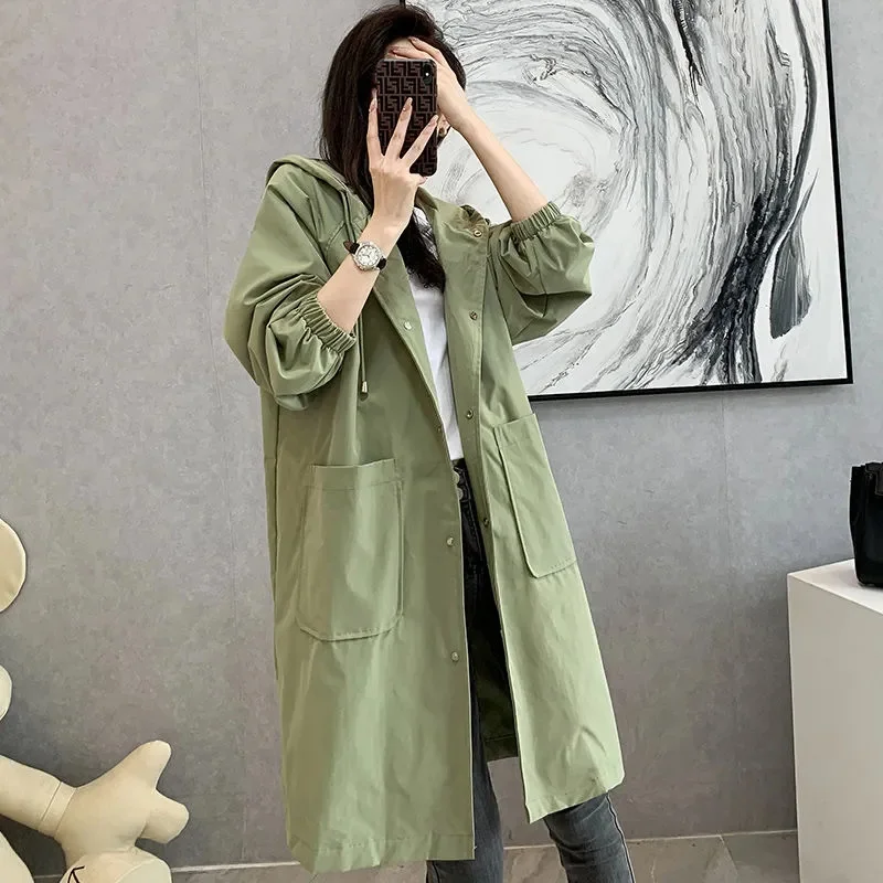 2026 Spring Autumn Casual Korean Fashion Hooded Medium Long Overcoat Loose Windproof Coat Women Trench Coat Solid Color Pocket