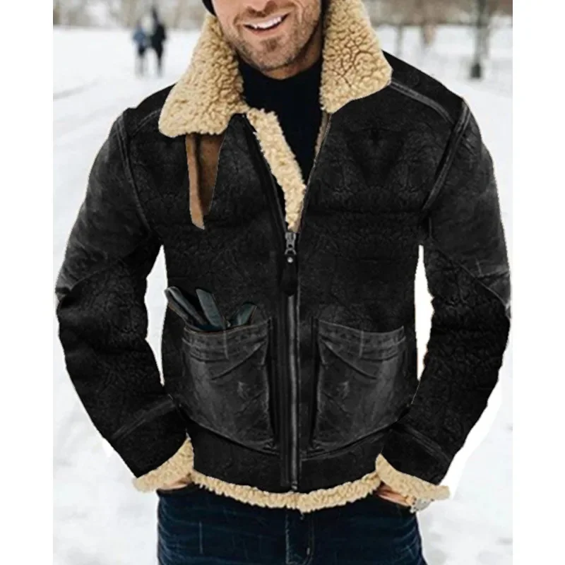 Men\'s Pocket Plush Warm Coat Autumn Winter New Leather and Fur Coat Men\'s Fashion Long Sleeve Zipper Turn-down Collar Coat