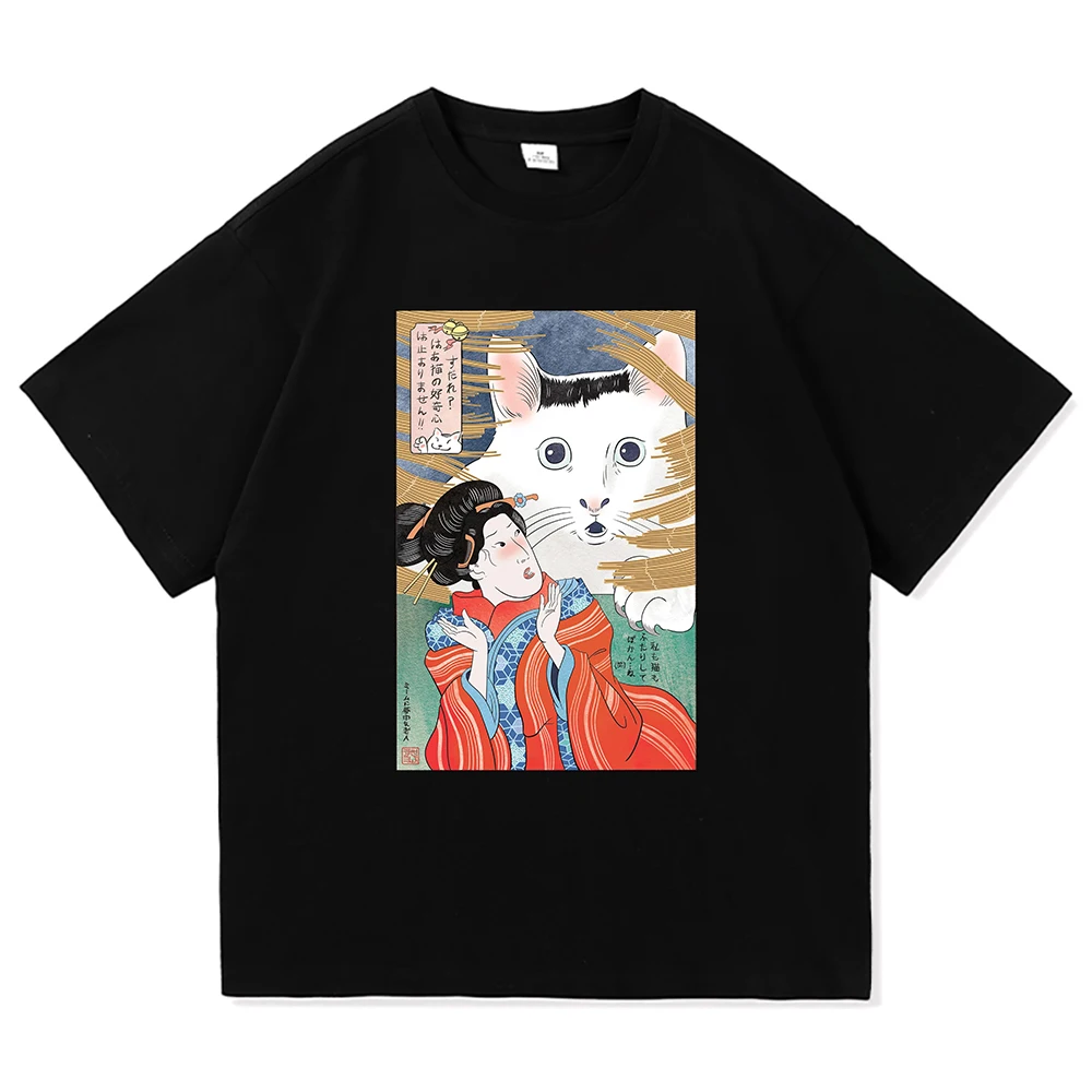 هوه القط ميمي تي شيرت اليابانية مضحك القط موضة الرجعية الرجال/النساء الملابس خمر Harajuku بلايز عالية الجودة القطن بلايز #4