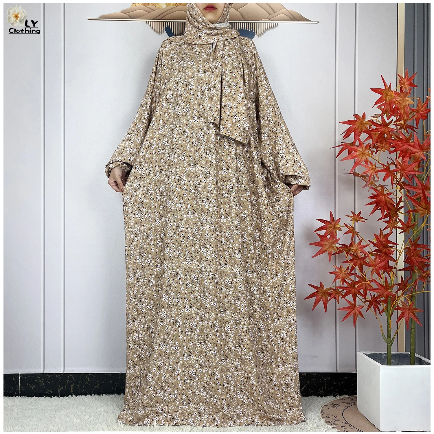 2024 Muslim For Women Ramadan Cotton Prayer Garment Dubai Turkey Floral Long Sleeved Loose Robe African Islam Traditional Abaya