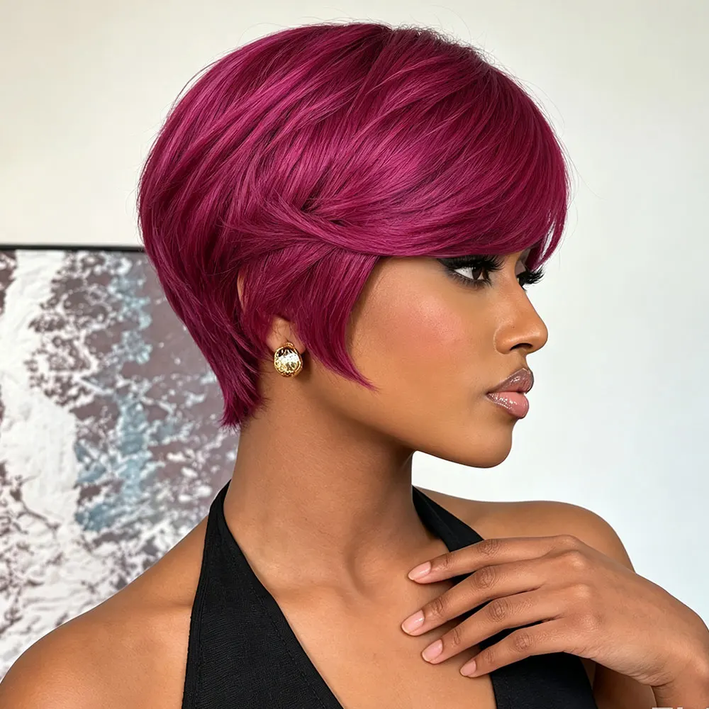 100% Human Hair Women's Pixie Cut Human Hair Wig with Long Bangs Full Machine Made 99J Straight Hair | Natural Look for Daily