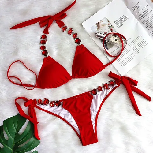 Imagen 1 del producto Bikinis sexis con diamantes de imitación rojos 2025, traje de baño para mujer, traje de baño para mujer, trajes de baño, conjunto de Bikini brasileño, bañista para piscina y playa