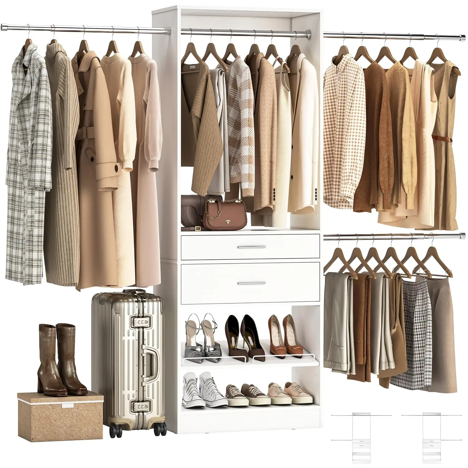 Wood Closet System with 2 Drawers & Shoe Rack, 3 Hanging Rods, 96