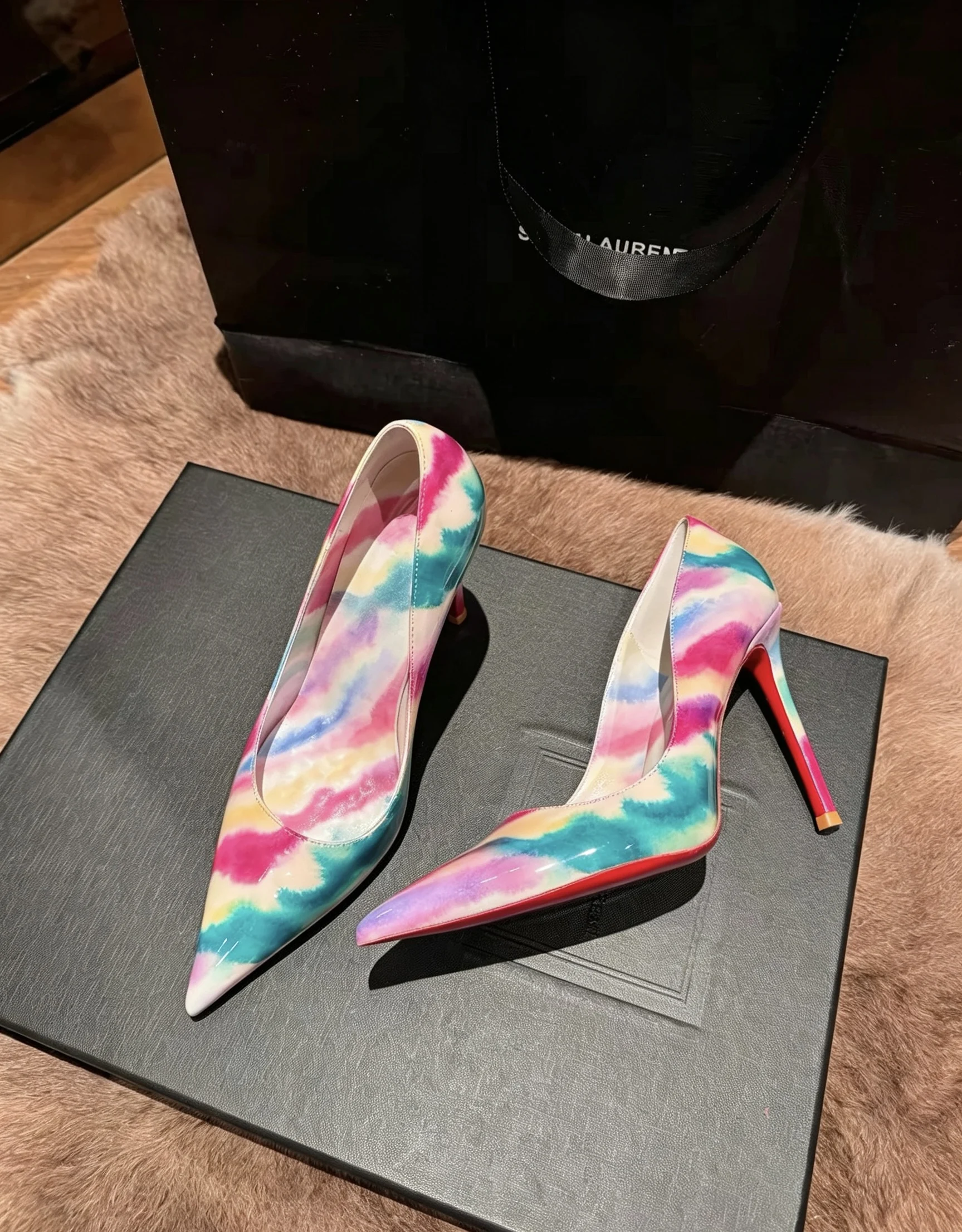 New Summer Women's Rainbow Gradient Color Patent Leather High Heels Thin Heel Pointed Toe Slip-On Elegant Evening Dress Pumps