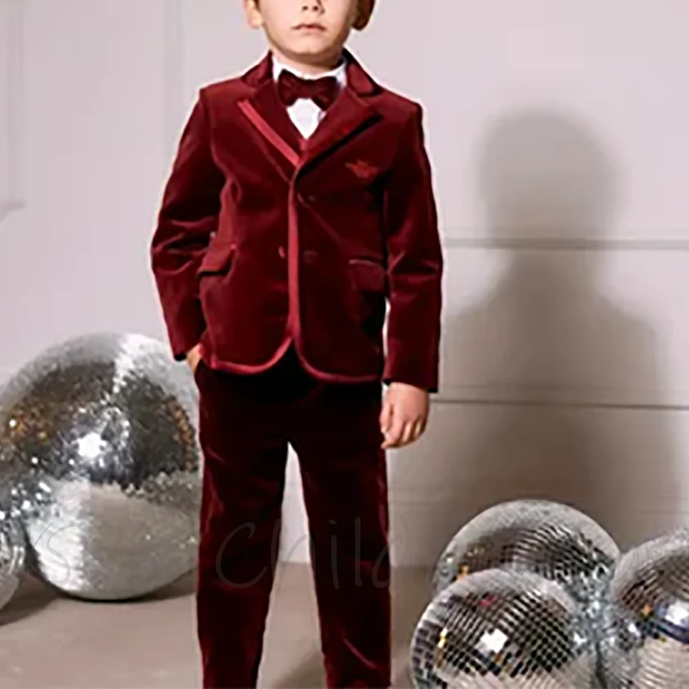 

Burgundy Velvet Suit For Boy High Quality Notched Lapel Single Breasted Elegant Luxury Children Set Two Pieces Customized