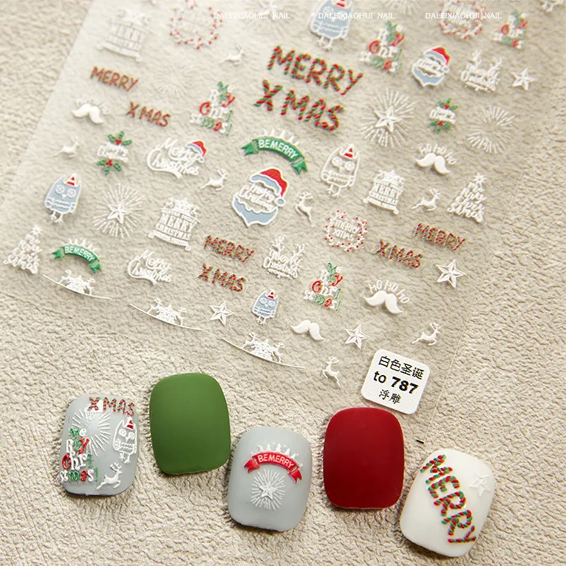 Natal Gingerbread Nail Art Adesivos, 3D Relief, desenhos animados bonitos, floco de neve, alces brancos, decalques Decoração, adesivo completo