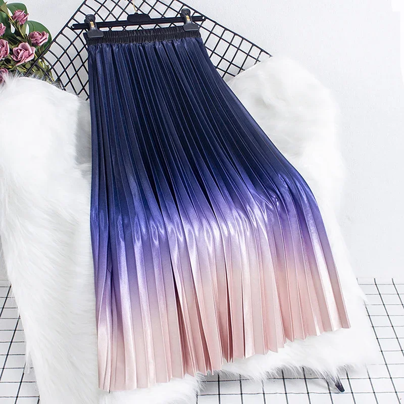 

Gradient Elegant Fashion Skirts Woman New Spring Elastic High Waist Pleated Midi Skirts A-Line Umbrella Skirt Jupe Femme C17