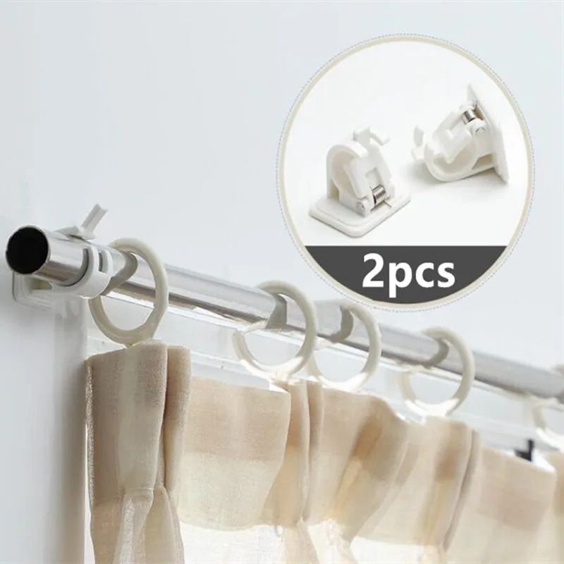 2 stücke Selbstklebende Vorhang Stangen Halterung Weiß Aufhänger Querlatte Clips Wand Haken Organizer Schienen Rack Home Storage