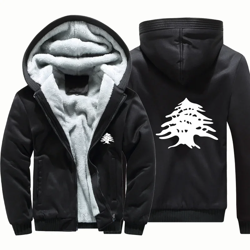Moletom Masculino de Inverno com Capuz e Zíper, Quente de Lã e Fleece, Estampa da Bandeira do Líbano, Jaqueta Grossa para Homens