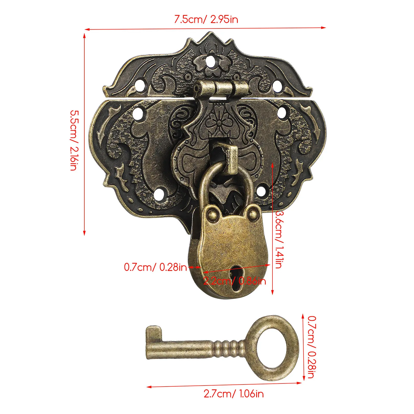 Antique Bronze Decorative Brass Hasp Clasp Latch and Padlock with Key and Screws for Jewelry Box Wooden Case Furniture Hardware