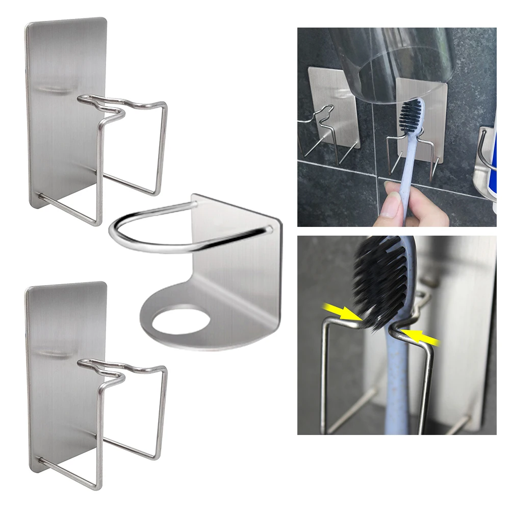 

3Pcs Toothbrush Holder with Toothpaste Stand Wall-Mounted Stainless Steel Bathroom Organizer Drainage Design for Clean Drying