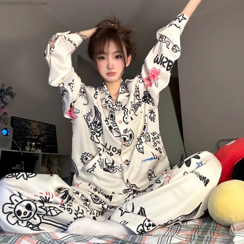 Y2k Cute Long Sleeve Pajamas Women New Two Peice Set Kawaii Cartoon Graffiti Graphic Home Wear Pjs Nightwears Ladies Sleepwear