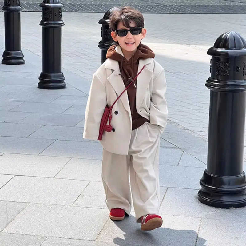 Children's Suit Set 2024 New Korea Boys' Suit Jacket Pants Two-piece Handsome Light Mature Solid Loose Retro Button Outwear Sets