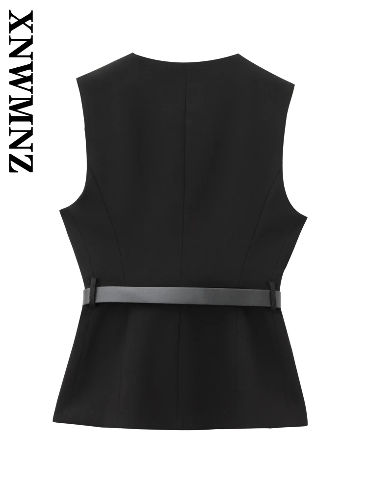 XNWMNZ 2024 Autumn New Lady Streetwear O-Collar Vest Top Hipster Woman Solid Color Sleeveless Waistcoat Ruffles Regular Fit belt